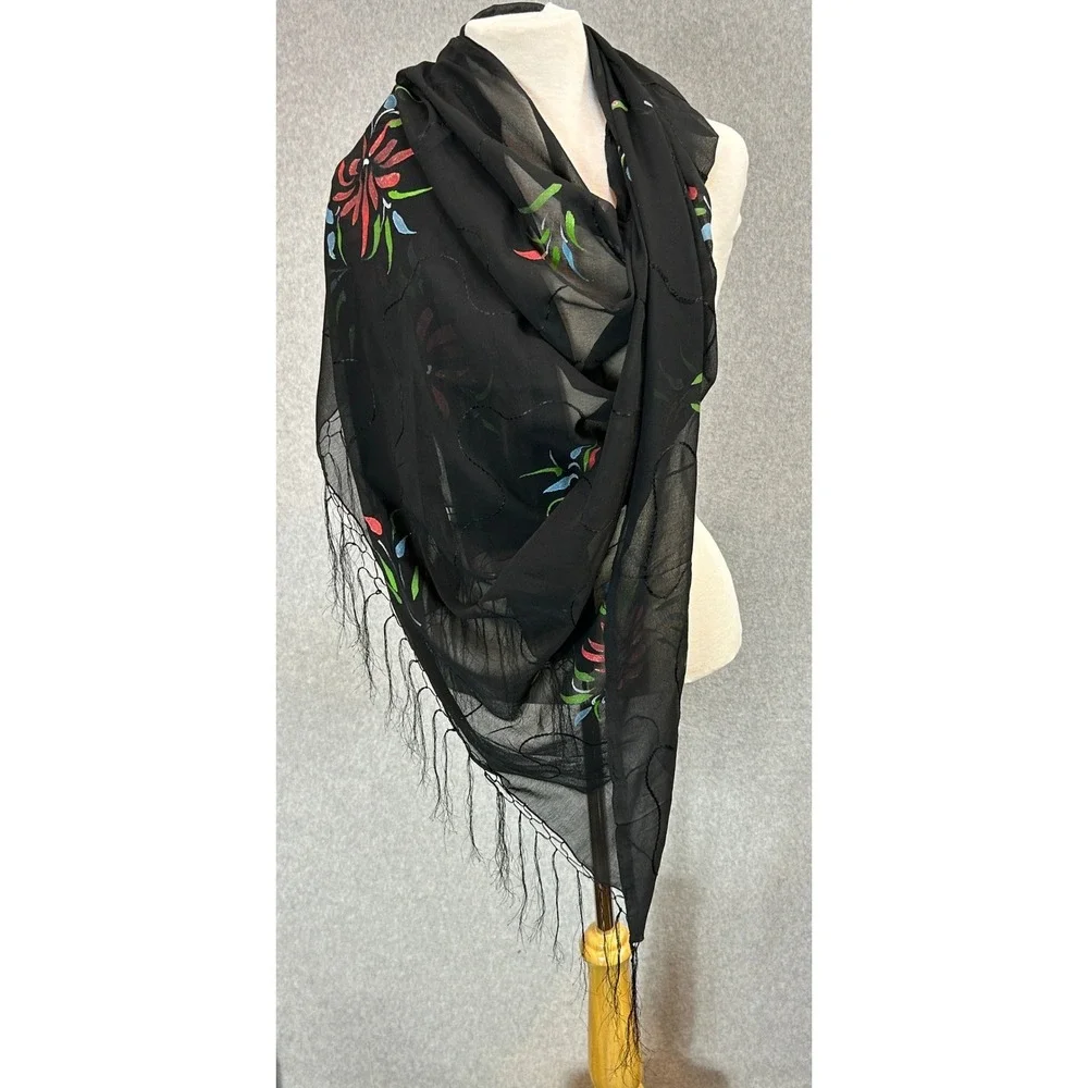 Black‎ Hand Painted Unbranded Scarf Floral Sheer Chiffon Fringe Wrap 70